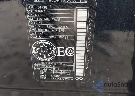 2020 Infiniti Qx50 Autograph Awd/Essential Awd/Luxe Awd/Pure Awd/Sensory Awd из США, поврежденный, VIN 3PCAJ5M32LF115238